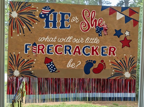 He or She firecracker gender reveal banner